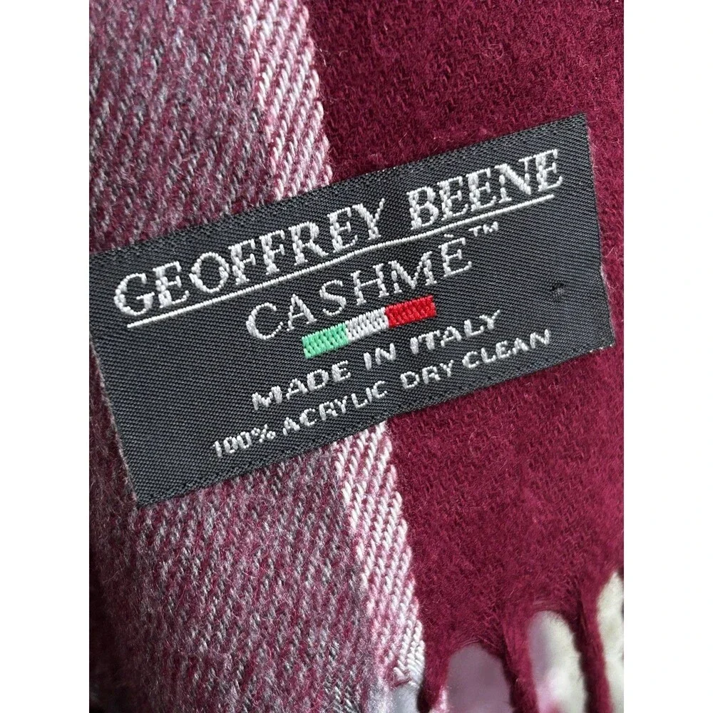 Geoffrey Beene Cashme Acrylic Plaid Scarf Made in Italy Maroon Grey Fringe SOFT!